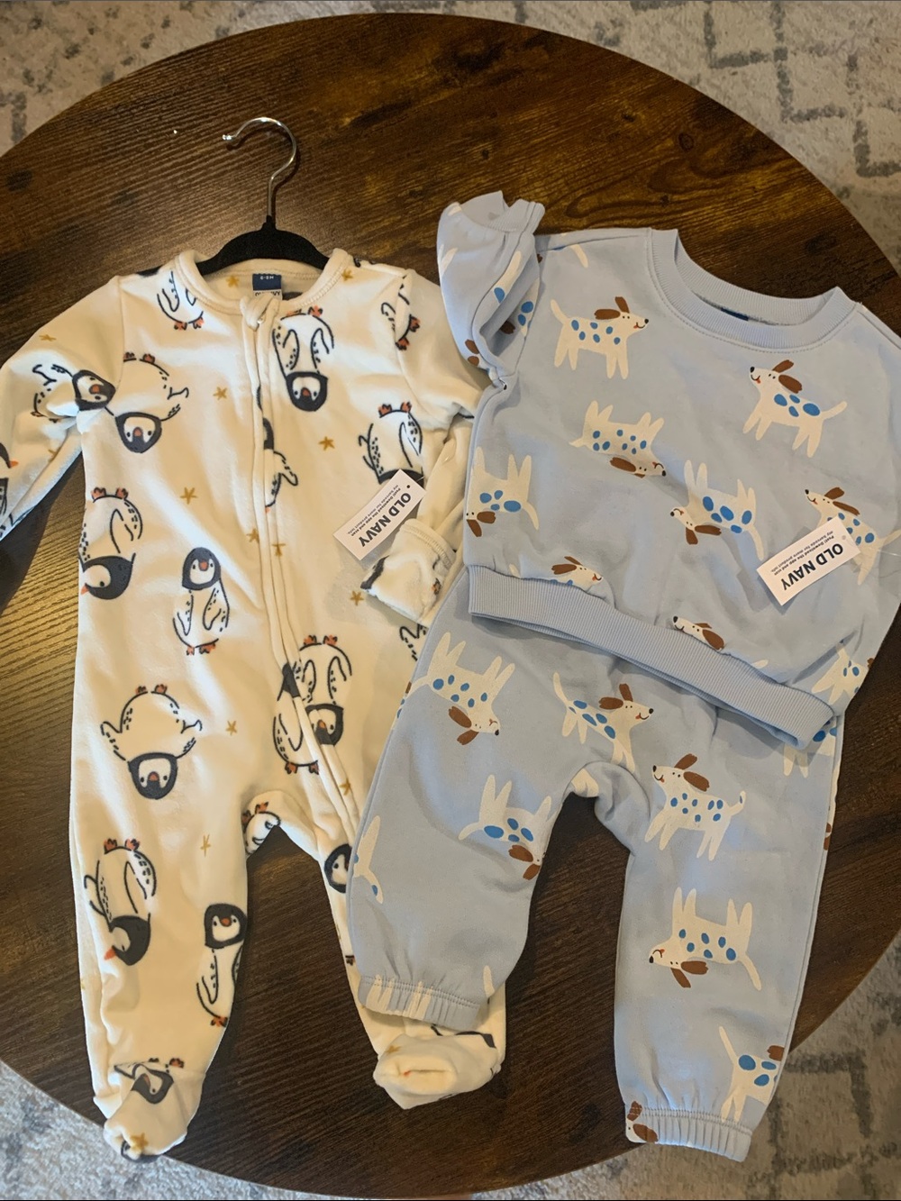 Old Navy Cream & Light Blue Footed One-Piece and Set with Penguins & Dogs
